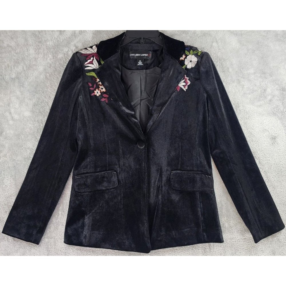 Colleen Lopez‎ Jacket Womens Extra Small Black Velvet Floral Embroidered Blazer